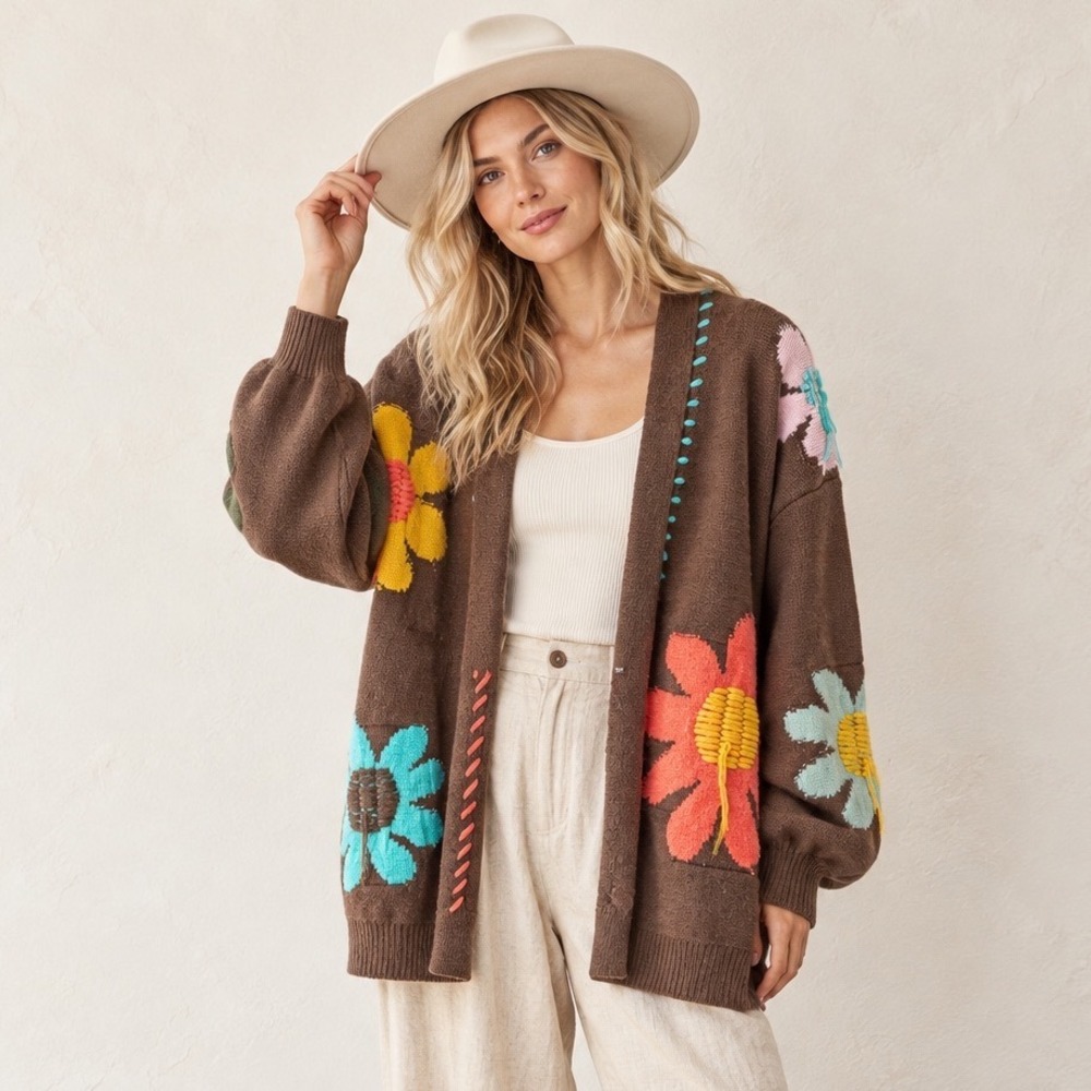 POL Cardigan Sweater Small Brown Floral Hooded Embroidered Open Front Oversized